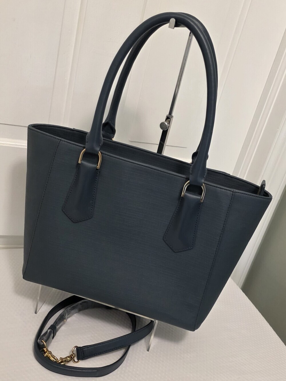 Dagne Dover Blue/Grey Structured Tote with Brushed Goldtone Hardware  Business